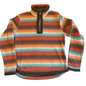 Outback Trading Co. Striped Sweater Women's Fleece Pullover Blue Brown Medium
